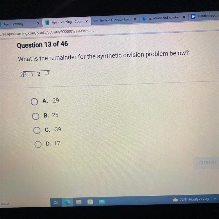 Question 13 of 46 What is the remainder for the synthetic division problem below?-example-1