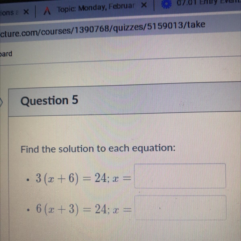 Find the solution to each equation: 1. 3(x+6) = 24; x = 2. 6 (3+3) = 24; x= Explain-example-1