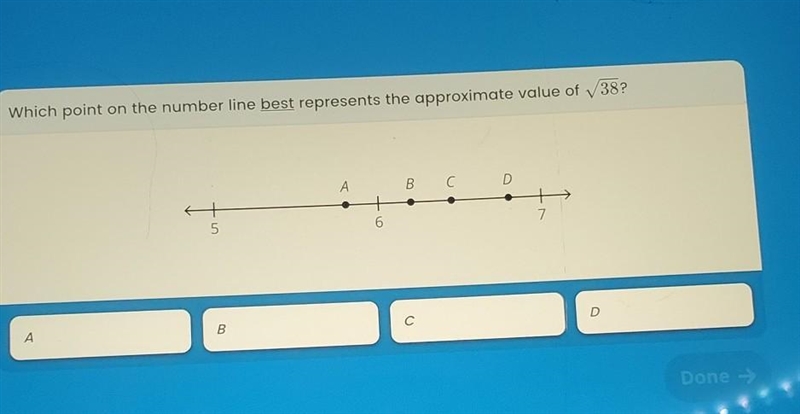 Which point on the number line best represents the approximate value of 38? A B C-example-1