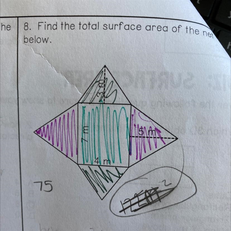 Please help and explain! Find the total surface area shown down below Ignore the colors-example-1