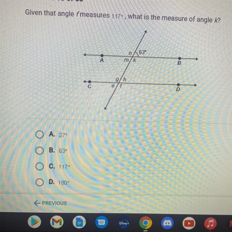 Given that angle fmeasures 117º, what is the measure of angle k? n 63 A m/ B g/h e-example-1