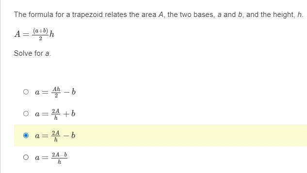 The formula for a trapezoid relates the area A, the two bases, a and b, and the height-example-1