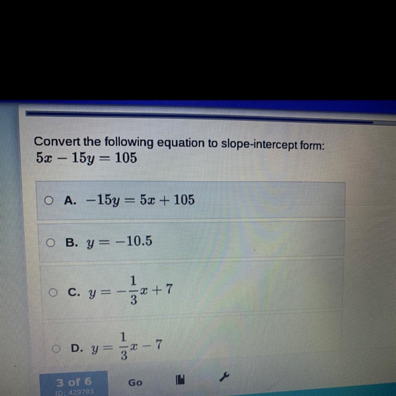 Convert the following equation to slope-intercept form: 5x - 15y = 105-example-1