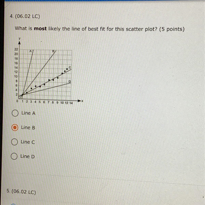 What is most likely the line of best fit for this scatter plot? (5 points) А 20 18 16 14 12 10 3 6 9 10 12 14 Line-example-1