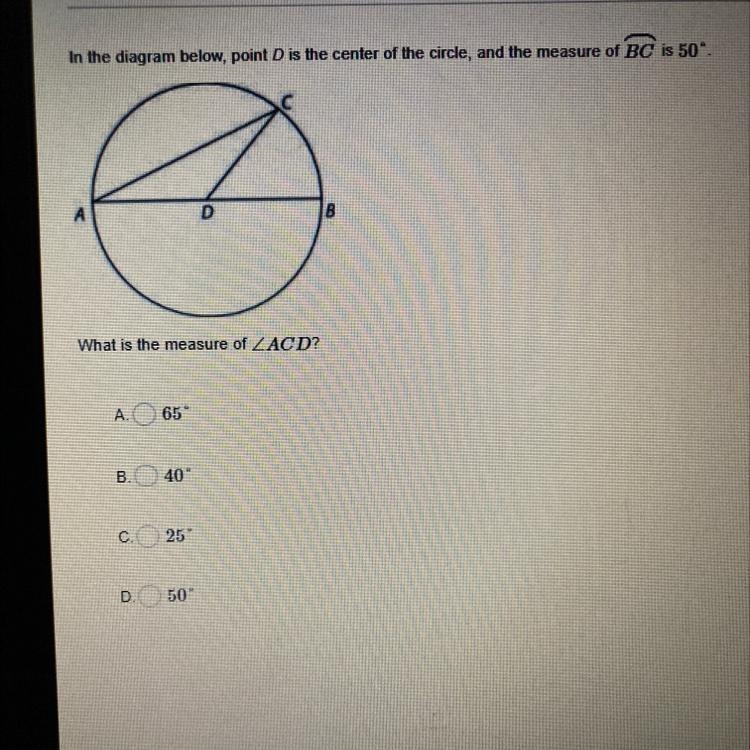 In the diagram below, point D is the center of the circle, and the measure of BC is-example-1