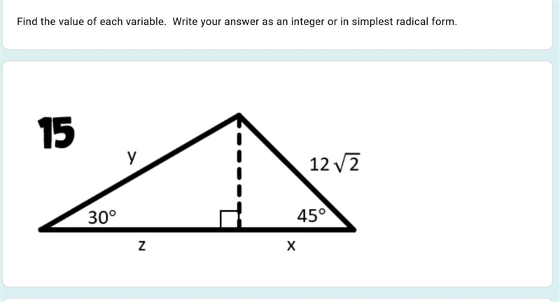 Find X, Y, Z, (I believe X is 12?)-example-1