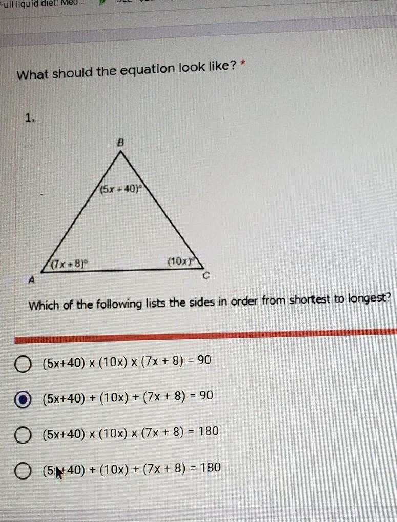 What should the equation look like? * 1. B (5x +40) A. AB, BC, AC B. BC, AC. AB C-example-1