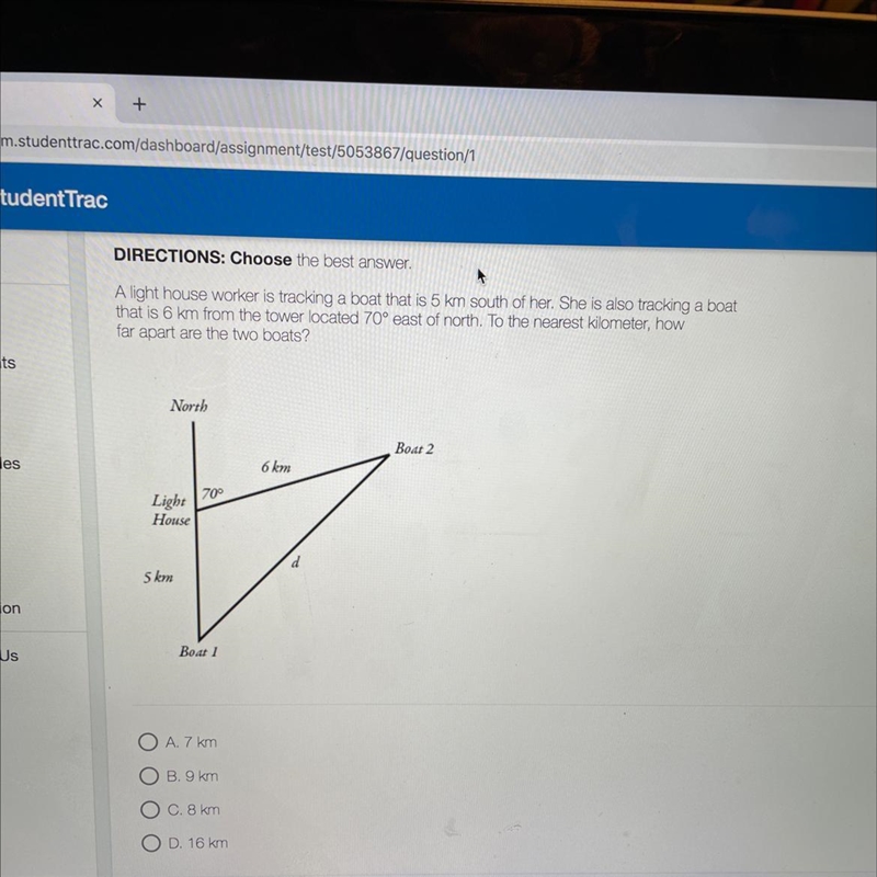 A light house worker is tracking a boat that is 5 km south of her. She is also tracking-example-1