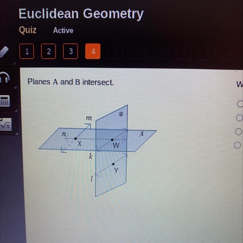 Which describes the intersection of the plane A and line M?-example-1