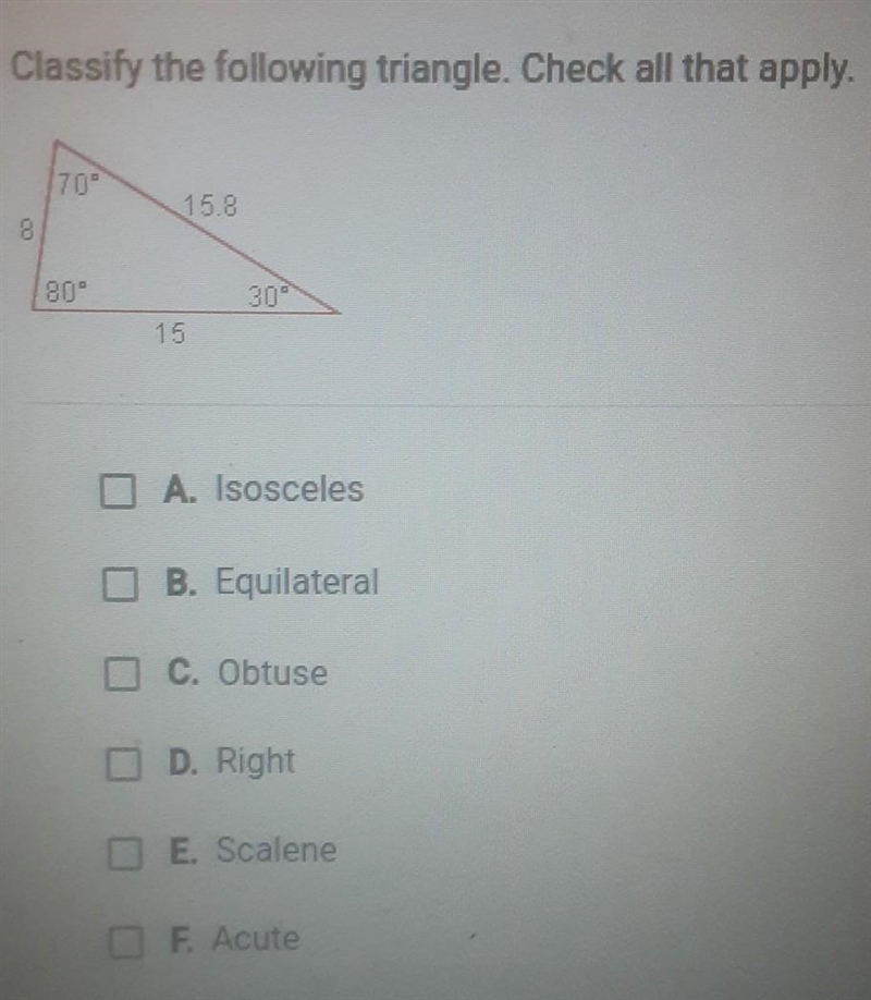 Classify the following triangle. Check all that apply. A. Isosceles B. Equilateral-example-1