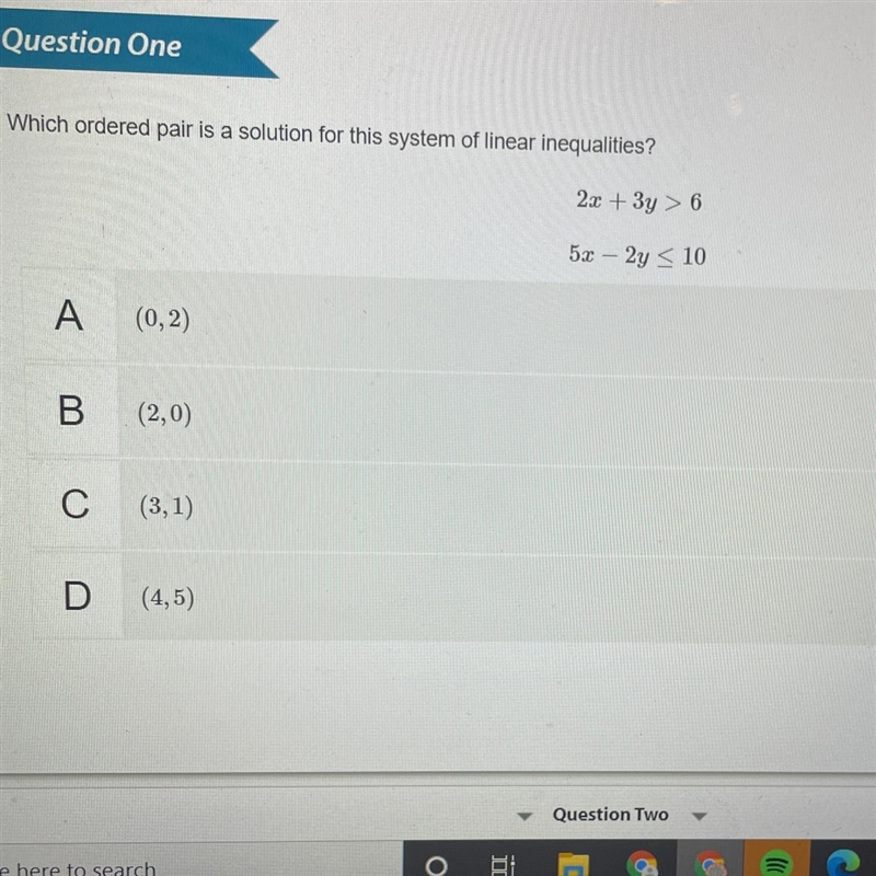 Which ordered our is a solution for this system of linear inequalities?-example-1