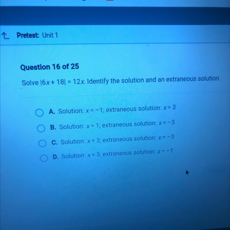 Solve 16x + 181 = 12x. Identify the solution and an extraneous solution. A. Solution-example-1