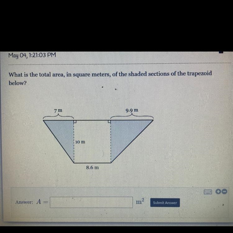 What is the total area, in square meters, of the shaded sections of the trapezoid-example-1