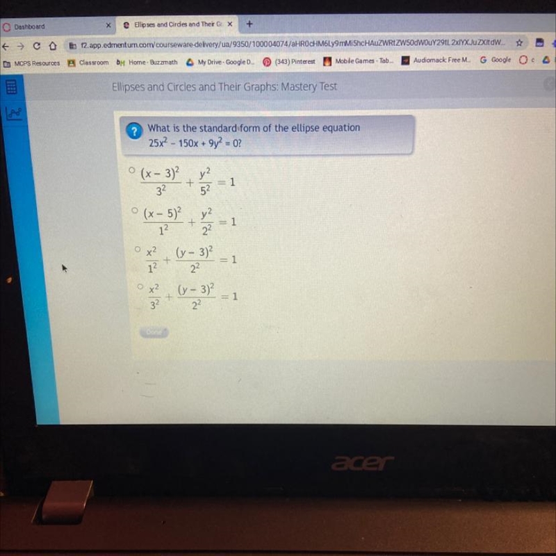 What is the standard form of the ellipse equation 25x2 - 150x + 9y2 = 0? O (x - 3)2 32 y-example-1