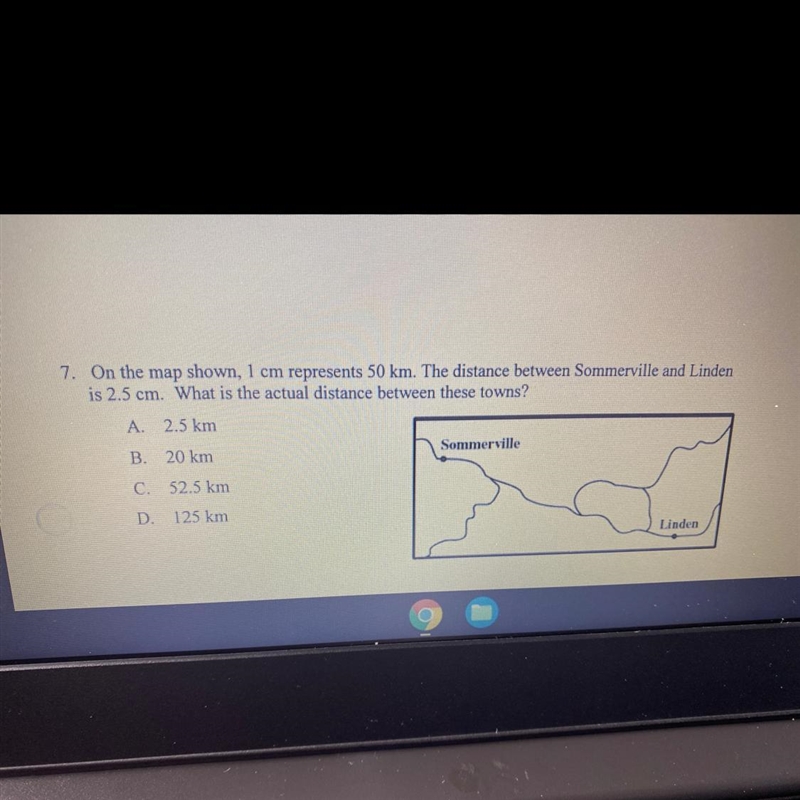 On the map below, 1 cam represents 50 km. The distance between sommerwile and Linden-example-1