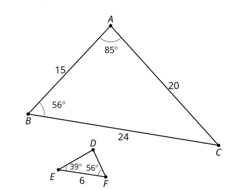 Triangle ABC is similar to triangle DFE. What scale factor is required to dilate triangle-example-1