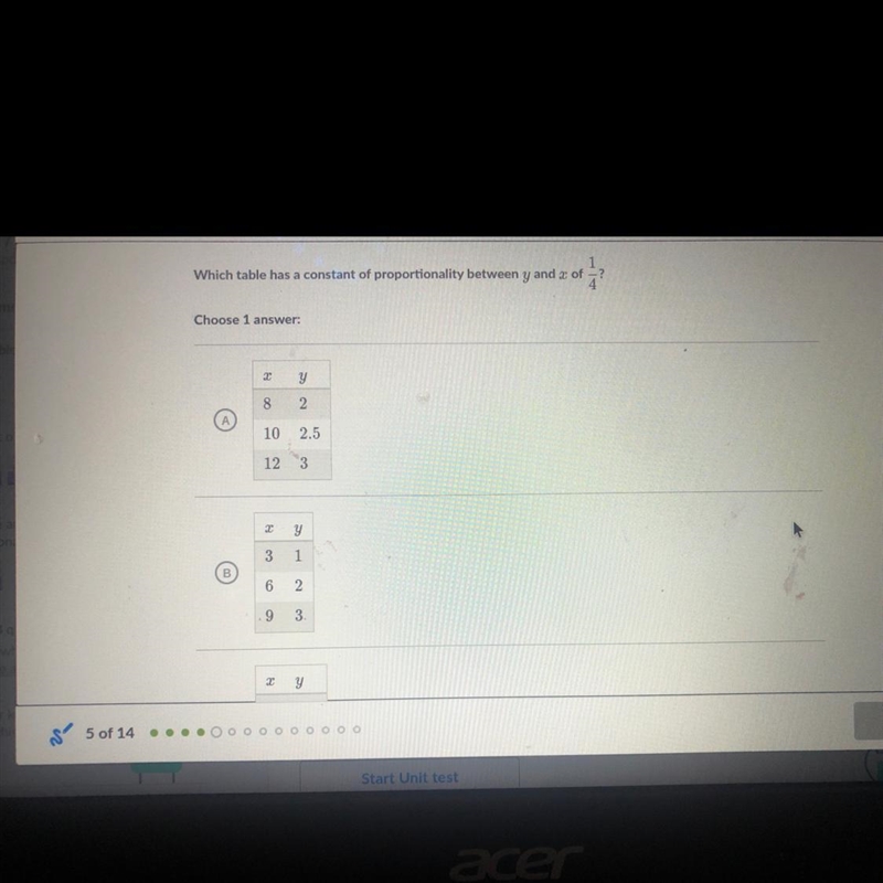 Which table has a constant of proportionality between y and wof Choose 1 answer-example-1