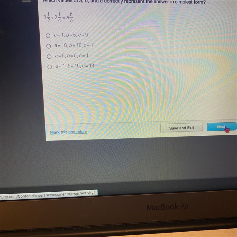 Which value of a,b, and c correctly represent the answer in simplest form?-example-1