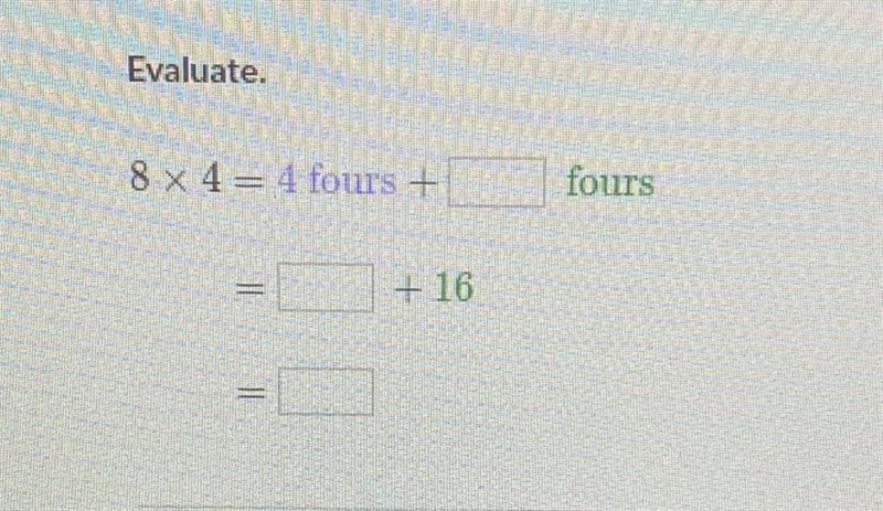 8 x 4 = 4 fours + __ fours __ = + 16 = __-example-1