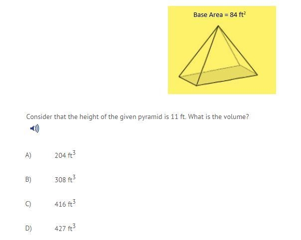 Consider that the height of the given pyramid is 11 ft. What is the volume?-example-1