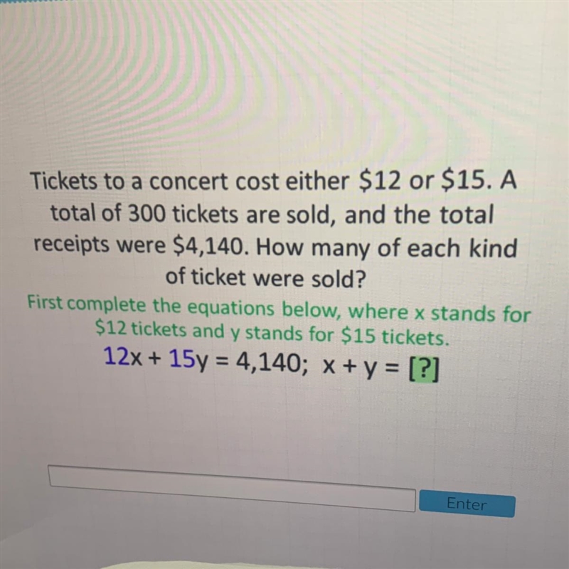 12x15y=4140; x+y= ? solve.-example-1