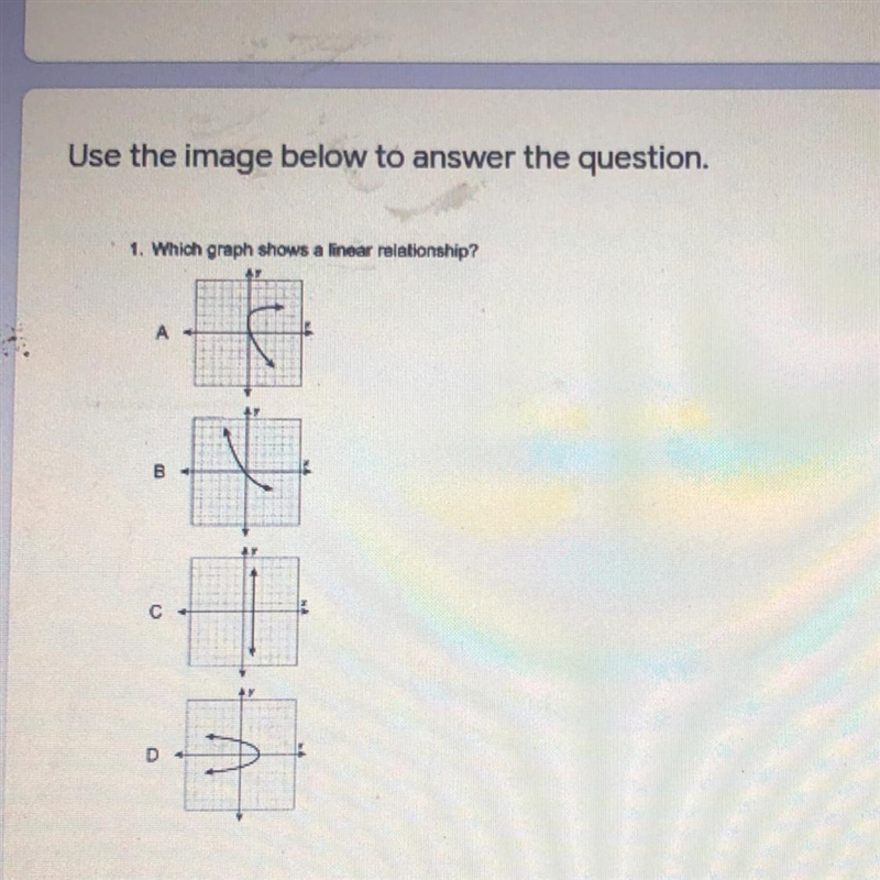 In the picture above which represents a linear relationship? A. B. C. D.-example-1