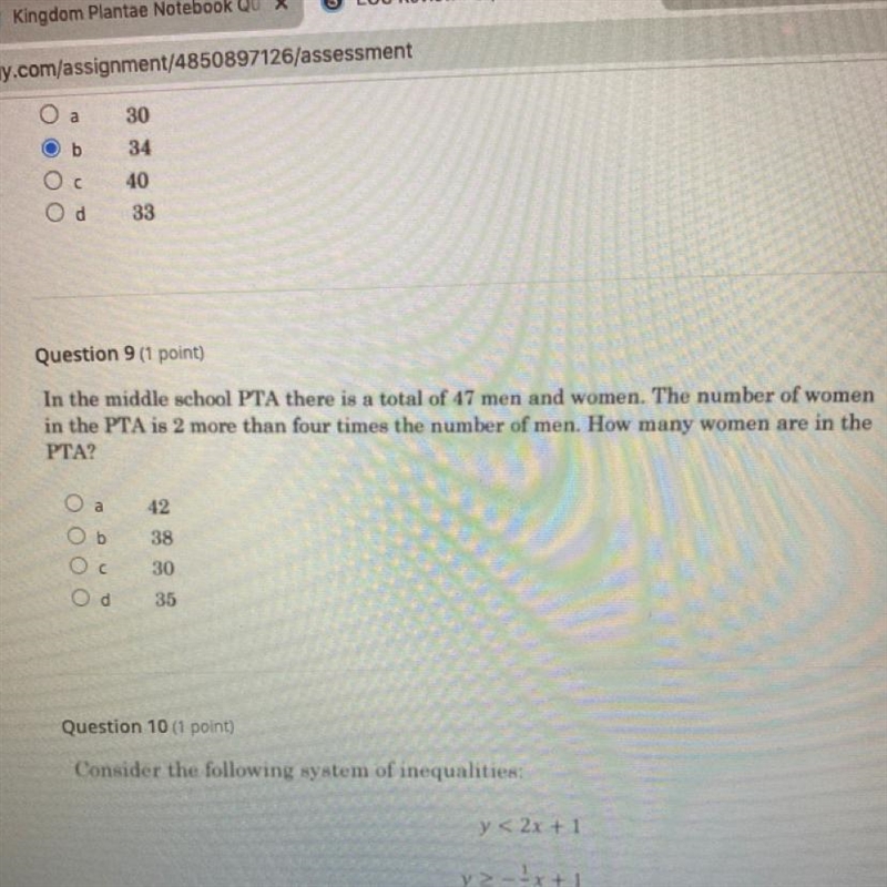 Od 33 Question 9 (1 point) In the middle school PTA there is a total of 47 men and-example-1