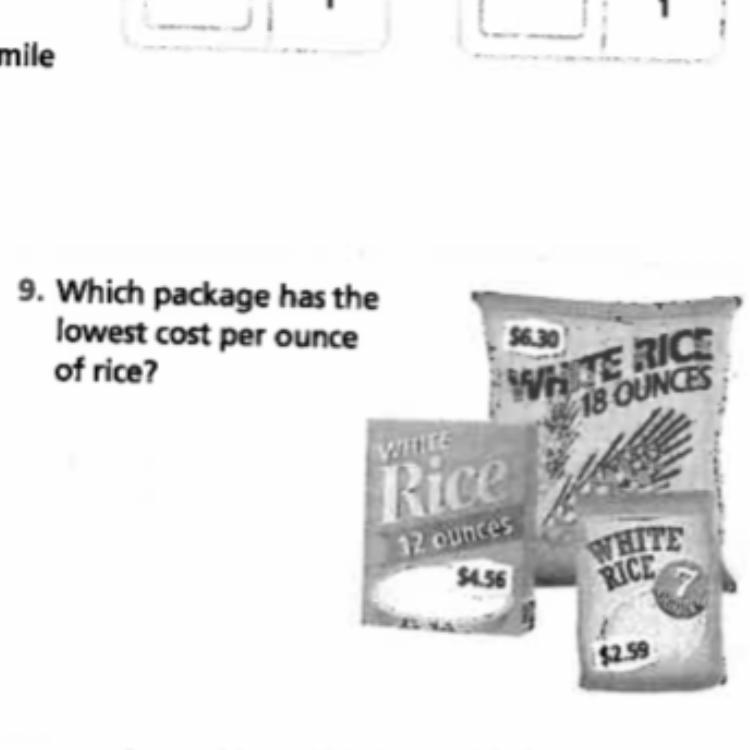 Which package has the lowest cost per ounce of rice? Please help-example-1