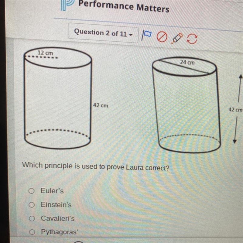 During math class, Laura stated that the two cylinders shown below have the same volume-example-1