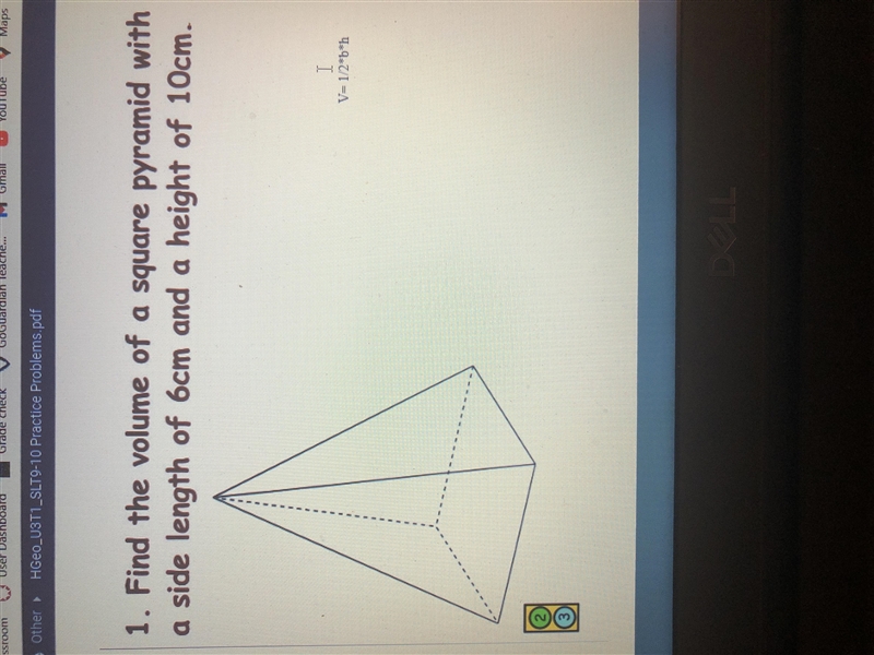 Help due tonight!! Find the volume of a sphere pyramid with a side length of 6cm and-example-1