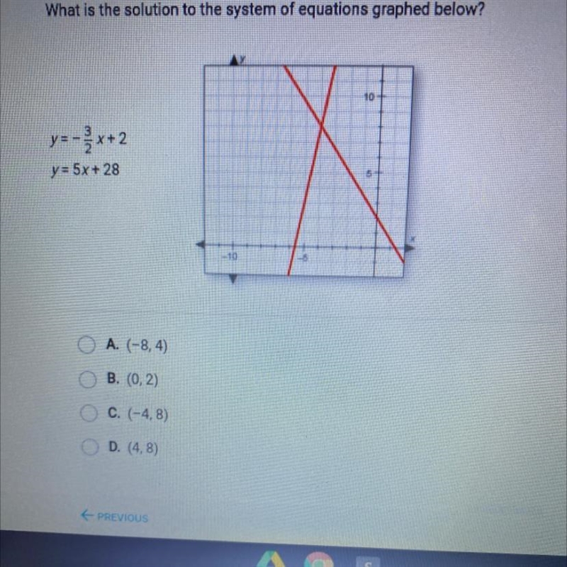 What is the solution to the system of equations graphed below? y=-x+2 y = 5x + 28 O-example-1