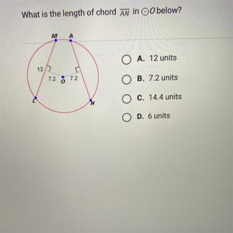 What is the length of chord An in Oo below? А O A. 12 units 122 7.2 • 7.2 O B. 7.2 units-example-1