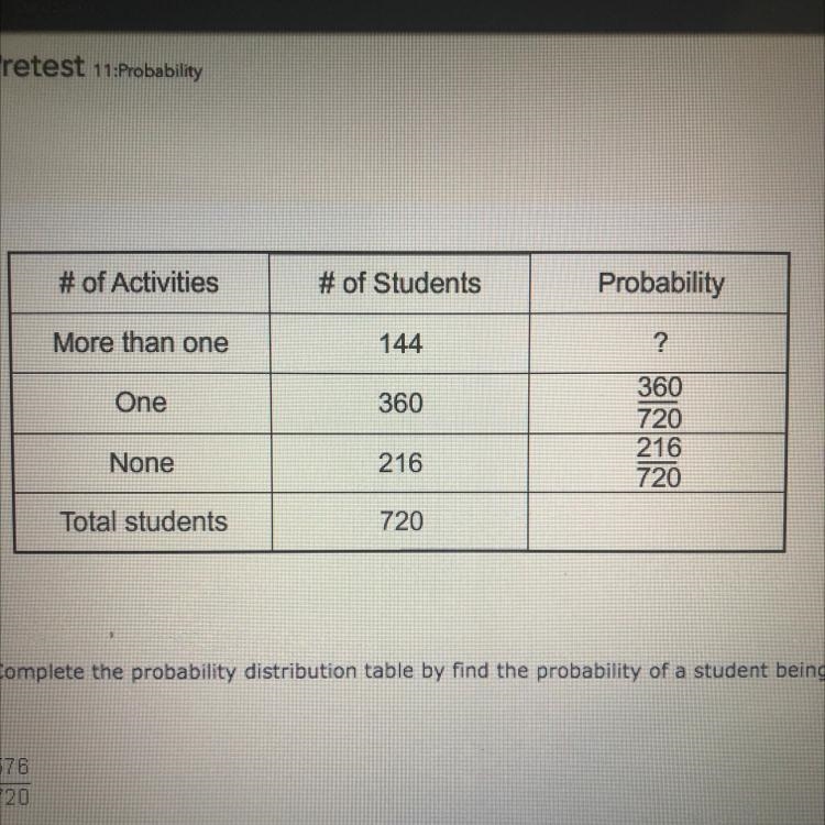 Complete the probability distribution table by find the probability of a student being-example-1