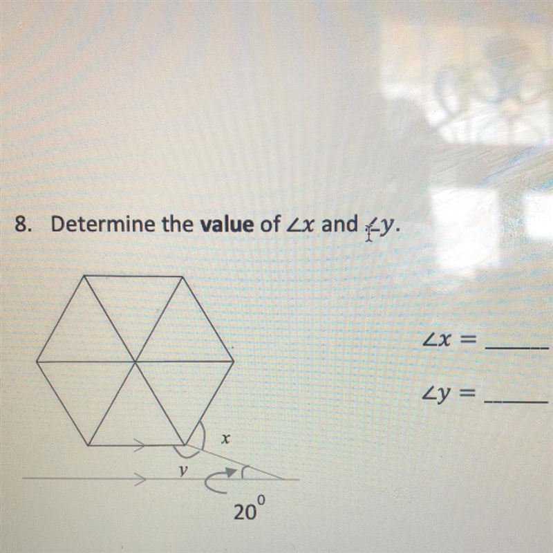 Determine the value of angle x and angle y-example-1