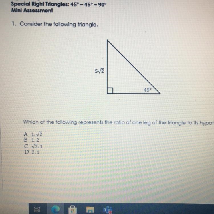 1. Consider the following triangle. Which of the following represents the ratio of-example-1