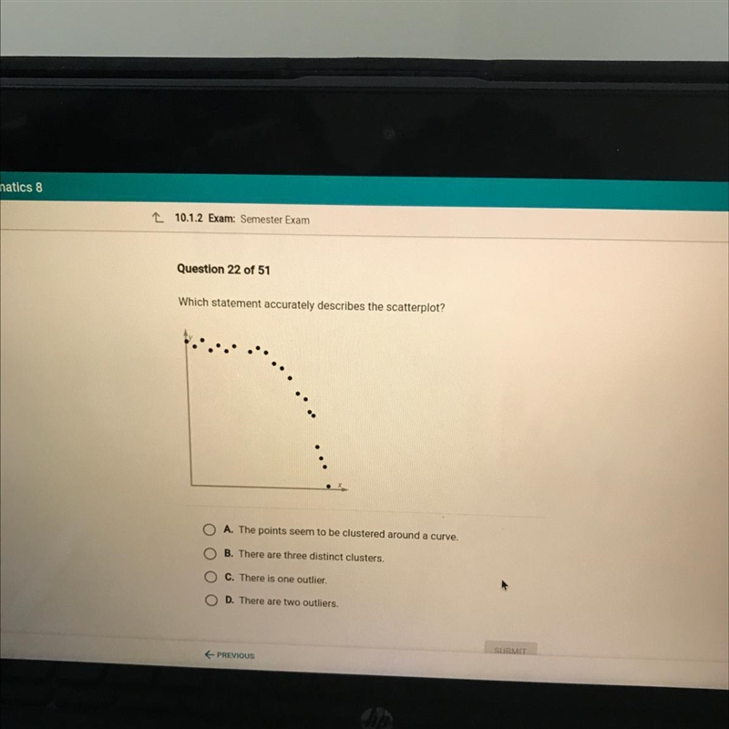 Which statement accurately describes the scatterplot? A. The points seem to be clustered-example-1