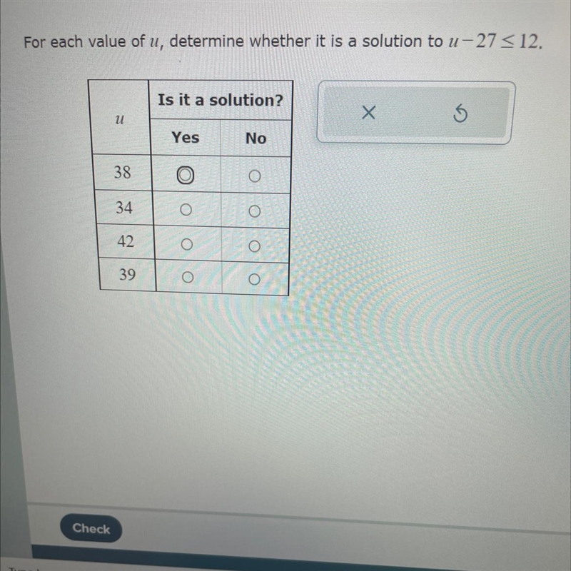 For each value of u determine whether it is a solution to u -27<12-example-1