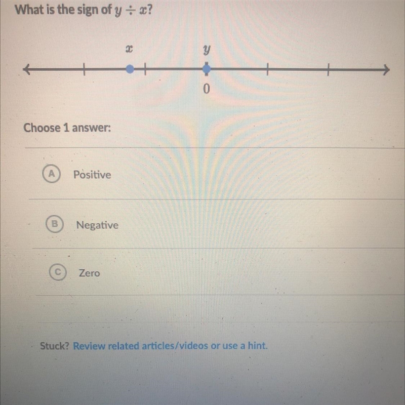 What is the sign of y = £? y Choose 1 answer: A Positive B Negative Zero-example-1