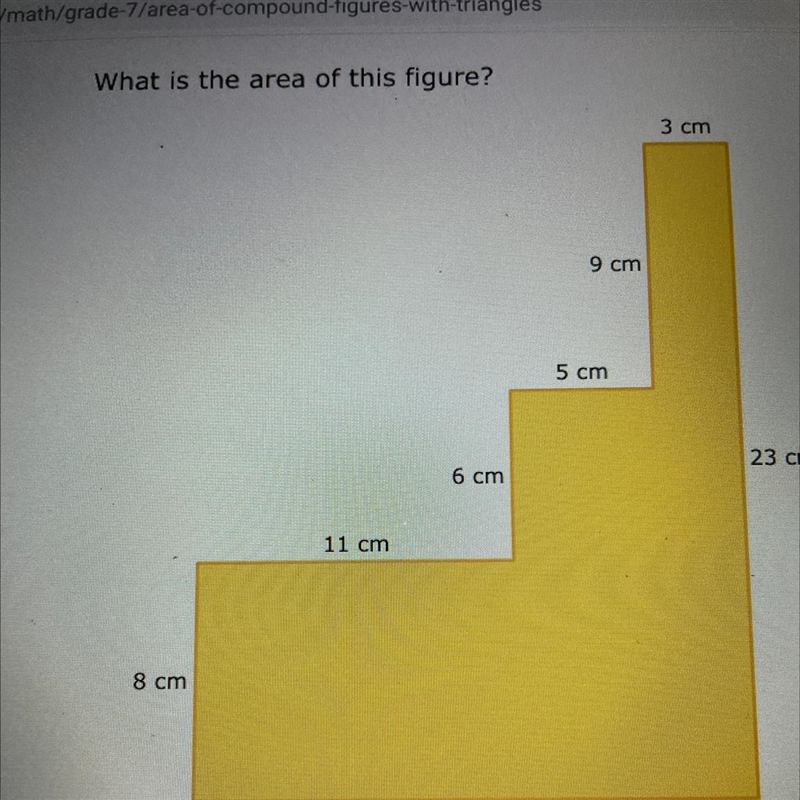 What is the area of this figure? 3 cm 9 cm 5 cm 23 cm 6 cm 11 cm 8 cm 19 cm-example-1