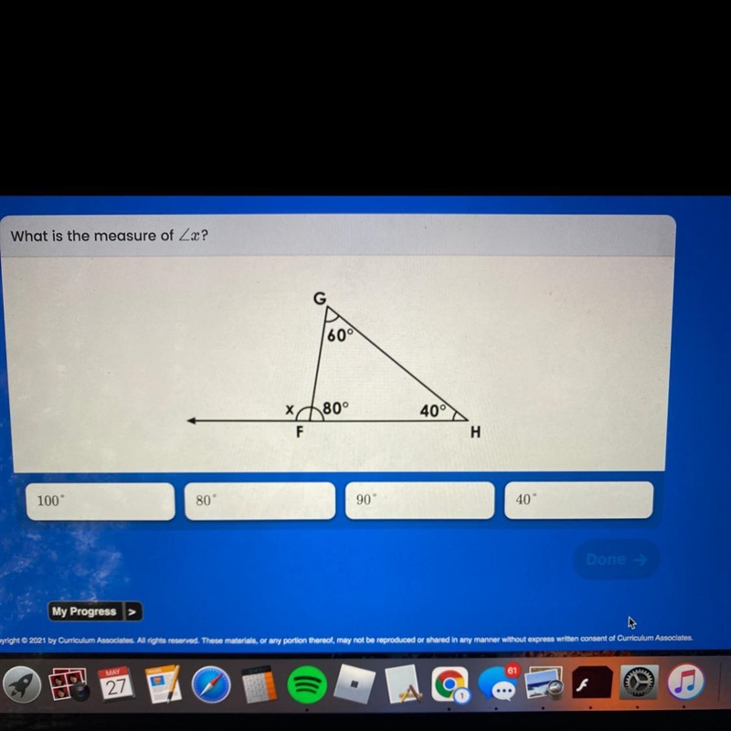 What is the measure of ZP 609 x 80° F 40° H 100 80 90° 40°-example-1