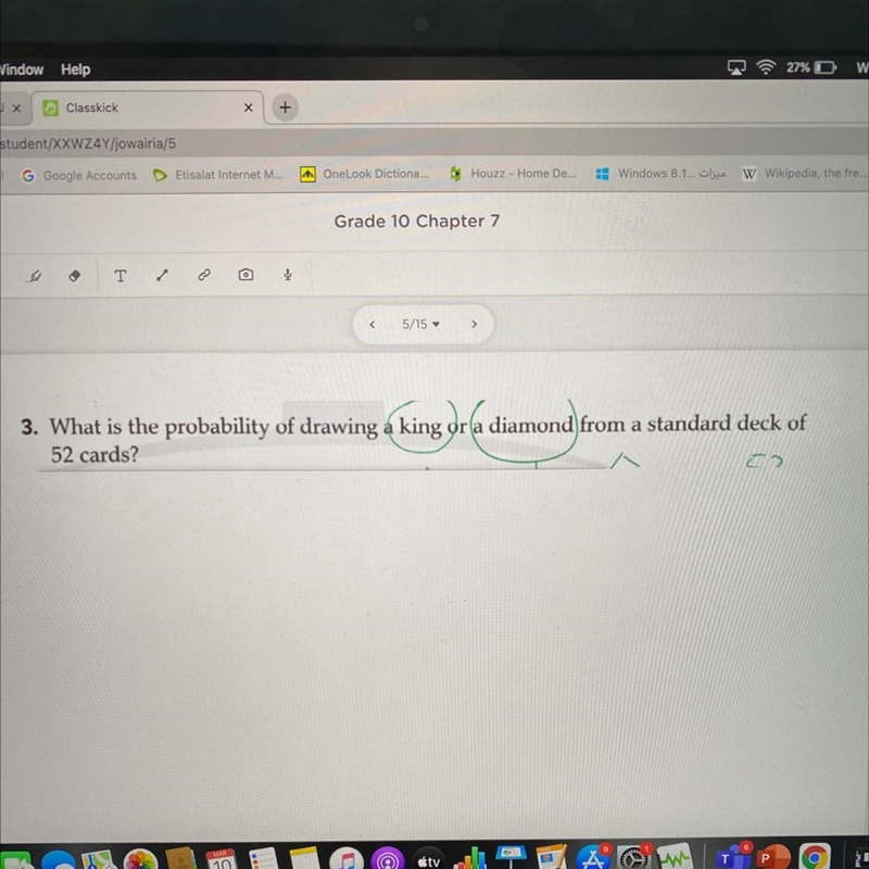 What is the probability of drawing a king or a diamond from standard deck 52 cards-example-1