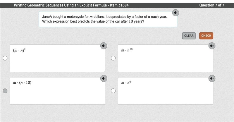 Janea bought a motorcycle for dollars. It depreciates by a factor of each year. Which-example-1