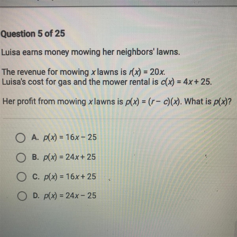 Luisa earns money mowing her neighbors' lawns. The revenue for mowing x lawns is /(x-example-1