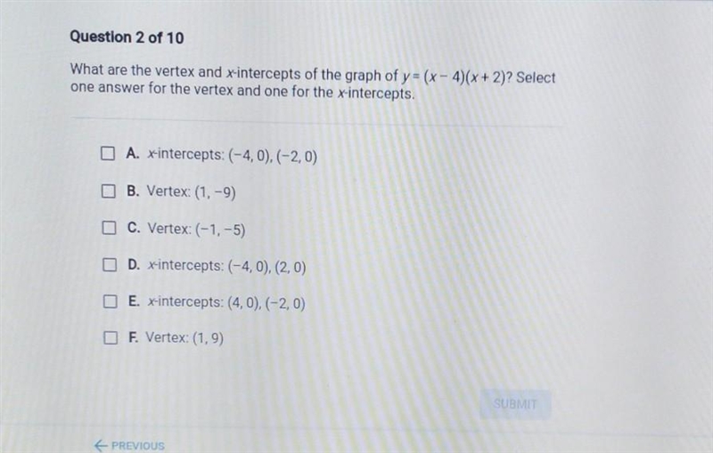 what are the vertex and x -intercepts of the graph of y=(x-4)(x+2)? Select one answer-example-1