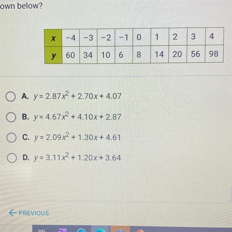 Which of the following quadratic regression equations best fits the data shown below-example-1