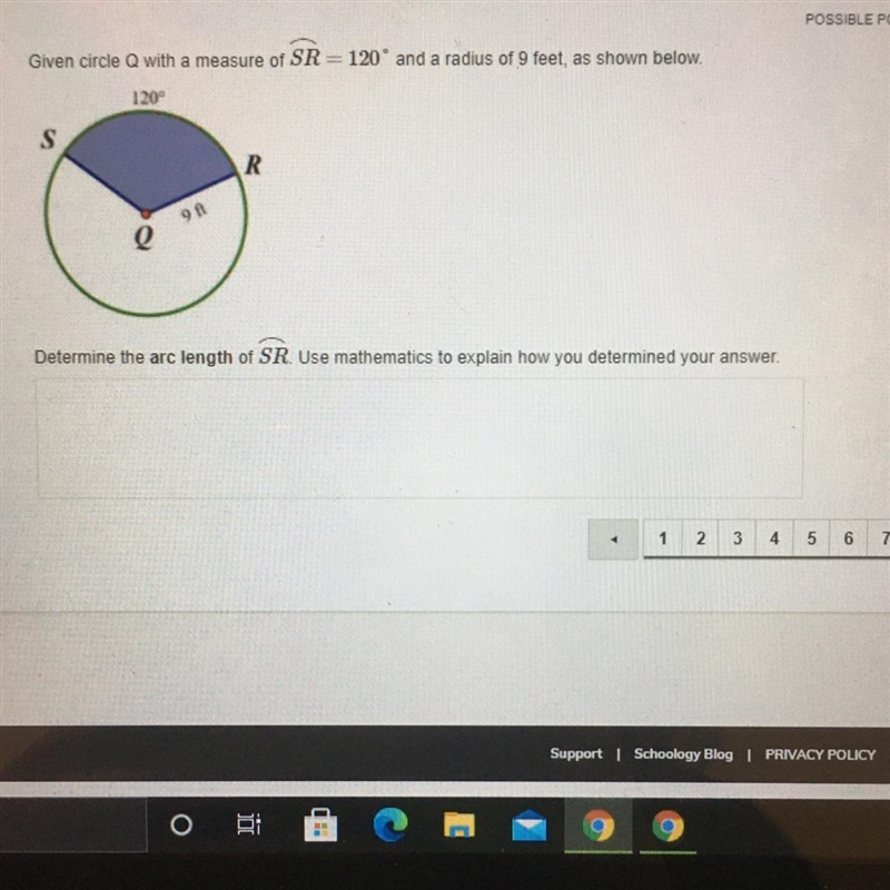 Given circle Q with a measure of SR= 120° and a radius of 9 feet, as shown below. ❤️ volume-example-1