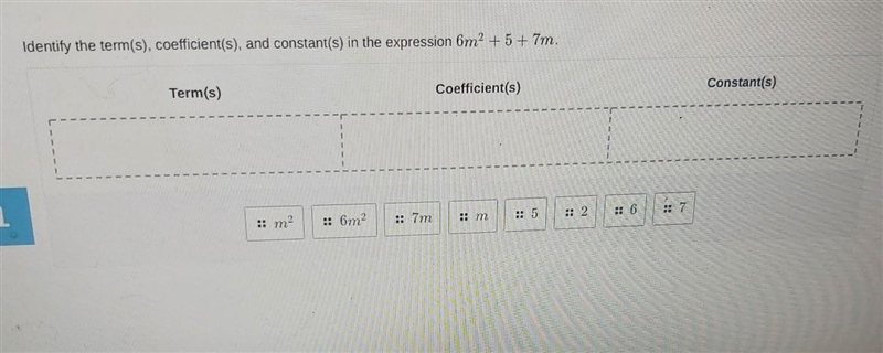 Identify the term(s, coefficient(s), and constant(s) in the expression 6m^2+5+7m.​-example-1