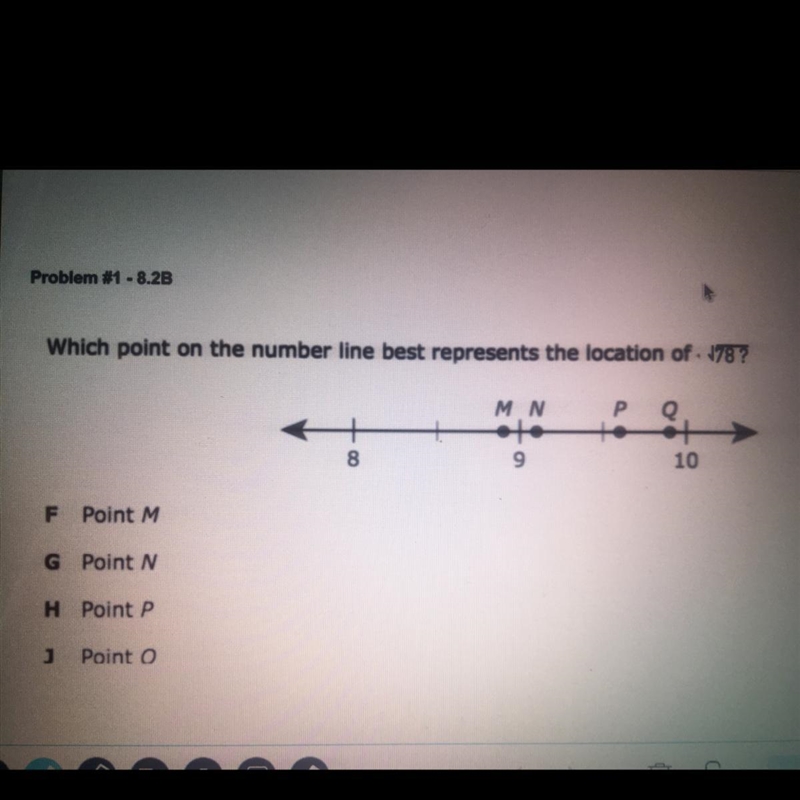 Which point on the number line best represents the location of 78? F Point M G Point-example-1