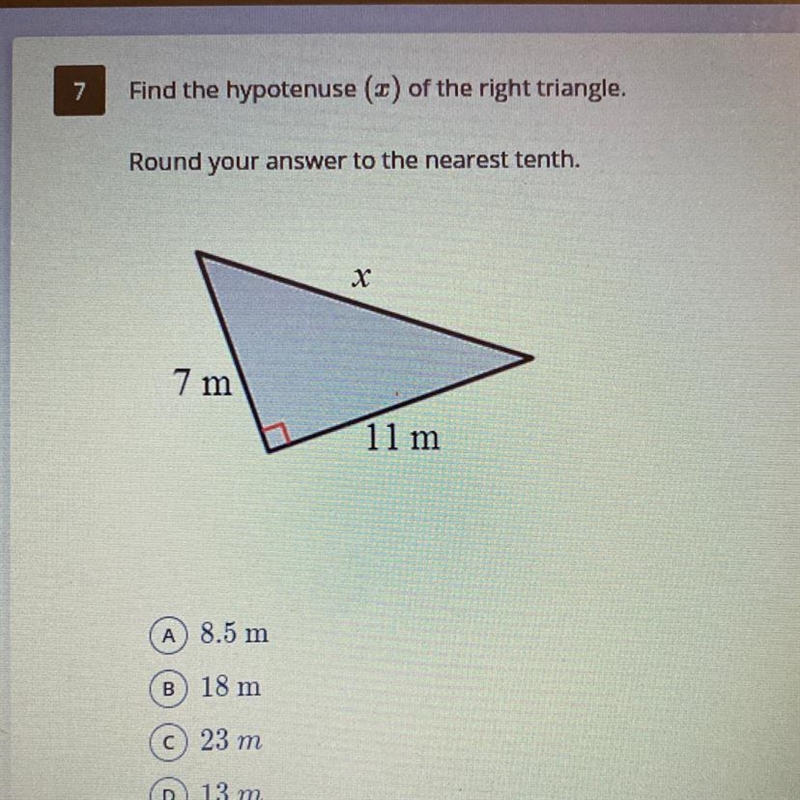 Find the hypotenuse (c) of the right triangle. Round your answer to the nearest tenth-example-1