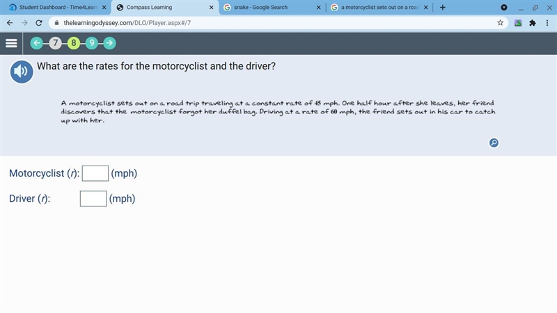 a motorcyclist sets out on a road trip traveling at a constant rate of 45 mph. one-example-1